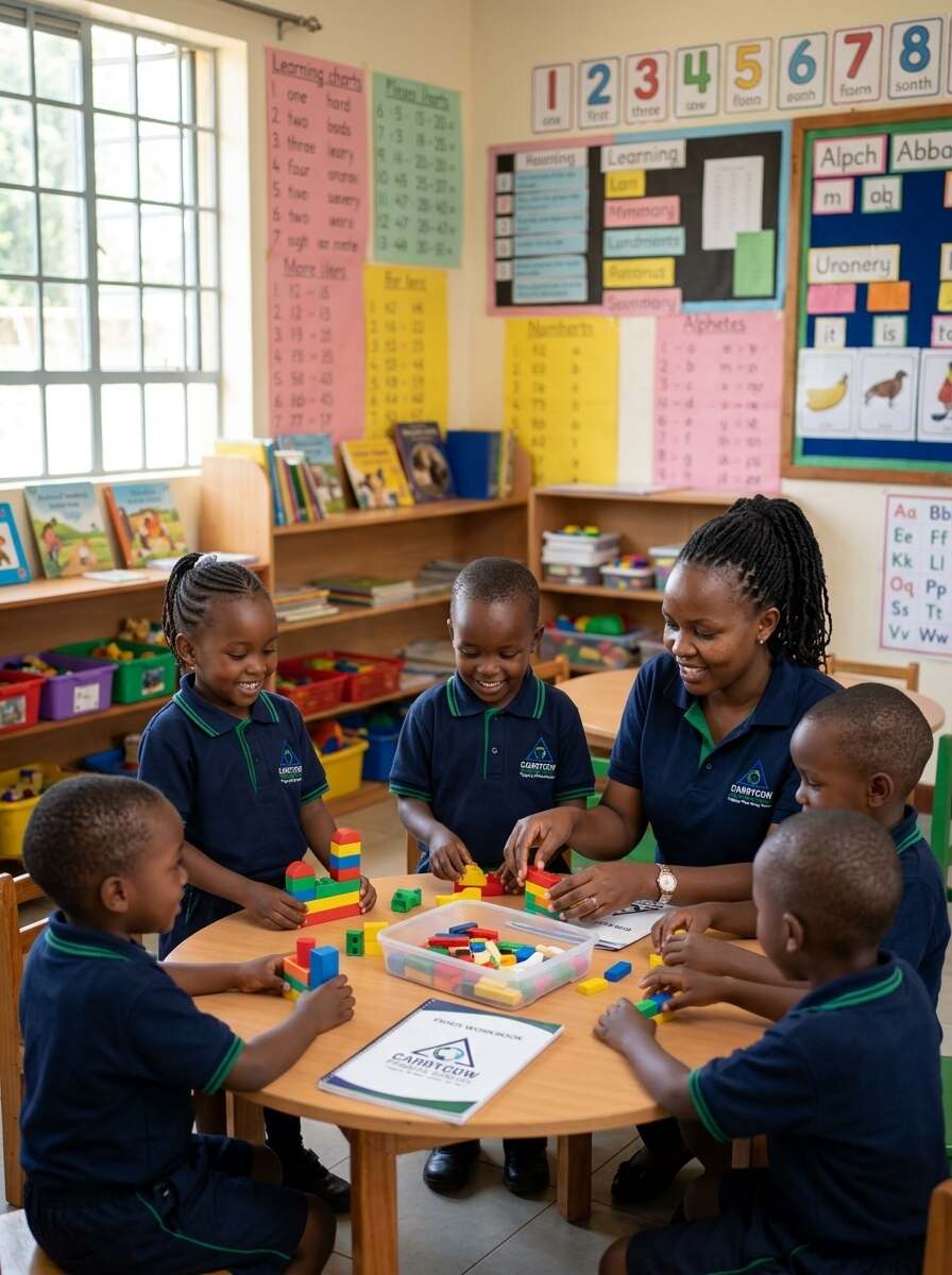 Classroom learning charts displayed at child height
