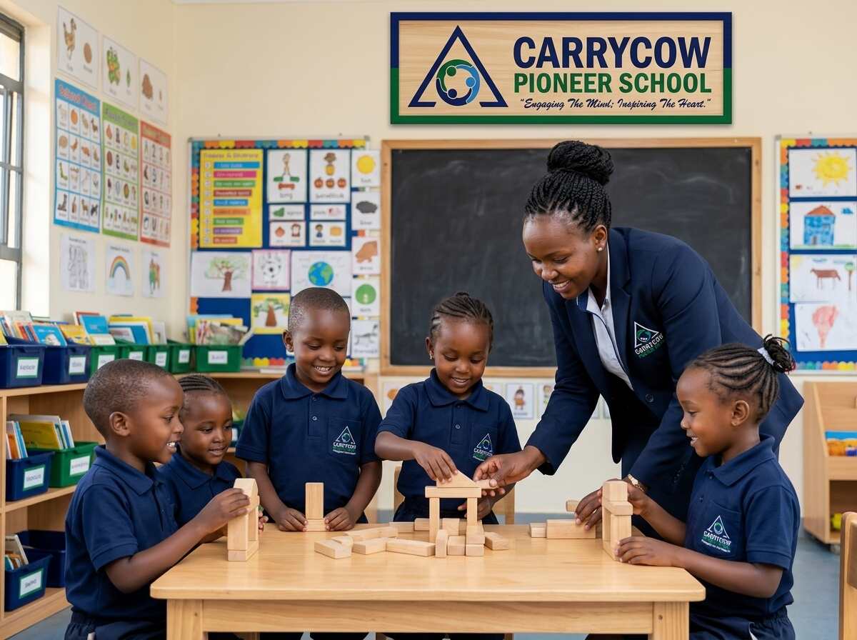 Teacher guiding children with blocks near the blackboard