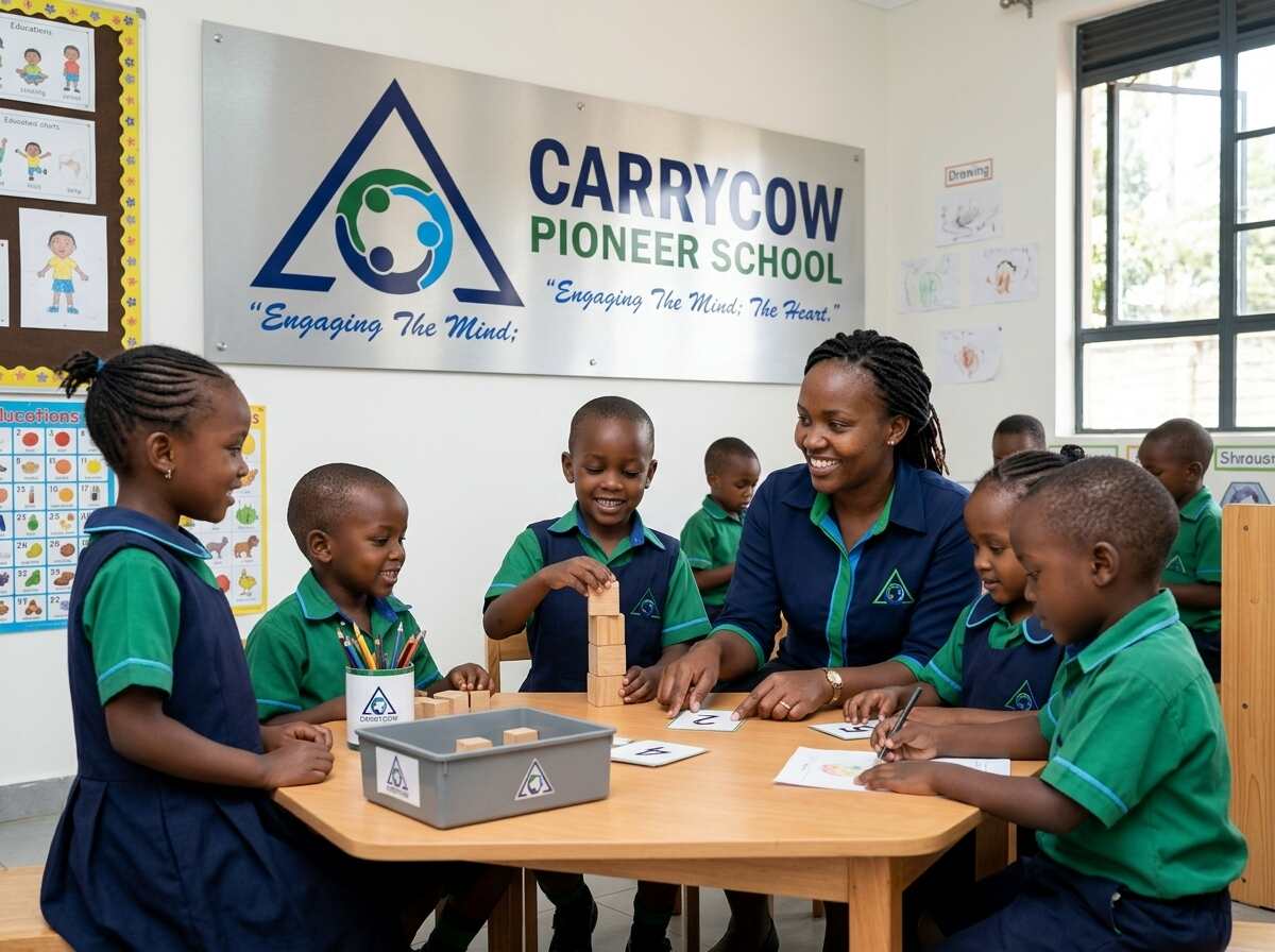 Carrycow Pioneer School green uniform with branded metal sign