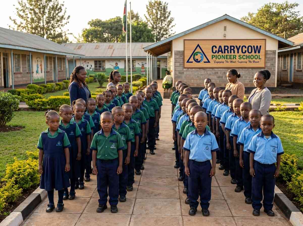 Carrycow Pioneer School building with children gathered for morning assembly