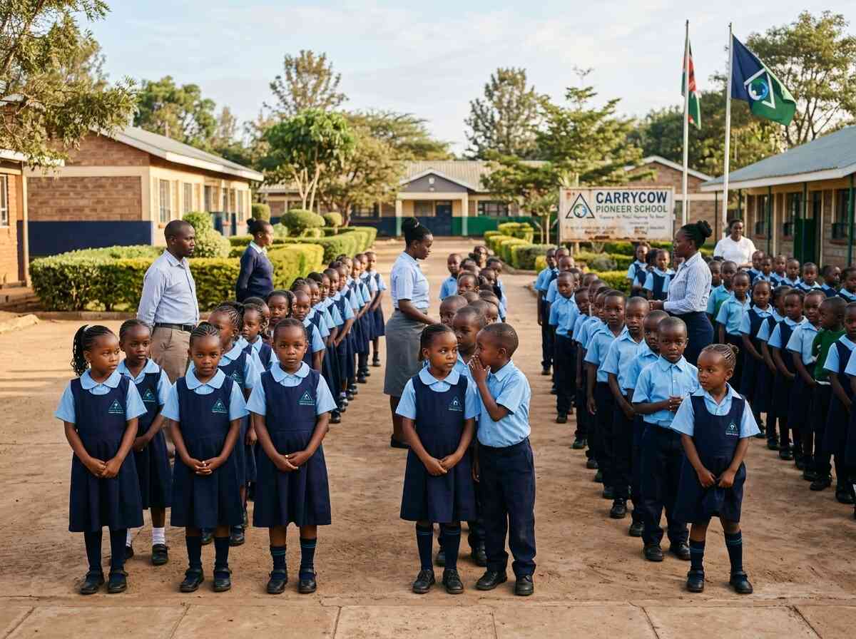 Carrycow Pioneer School assembly with flags and school sign in the distance